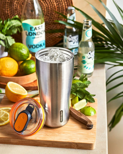 Insulated travel mug used for iced drinks